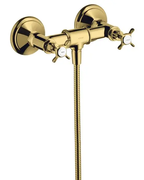 Brausearmatur mit zwei Kreuzgriffen und flexibler Schlauchverbindung, in glänzendem Gold-Finish. AXOR-Logo auf dem Hauptteil sichtbar.